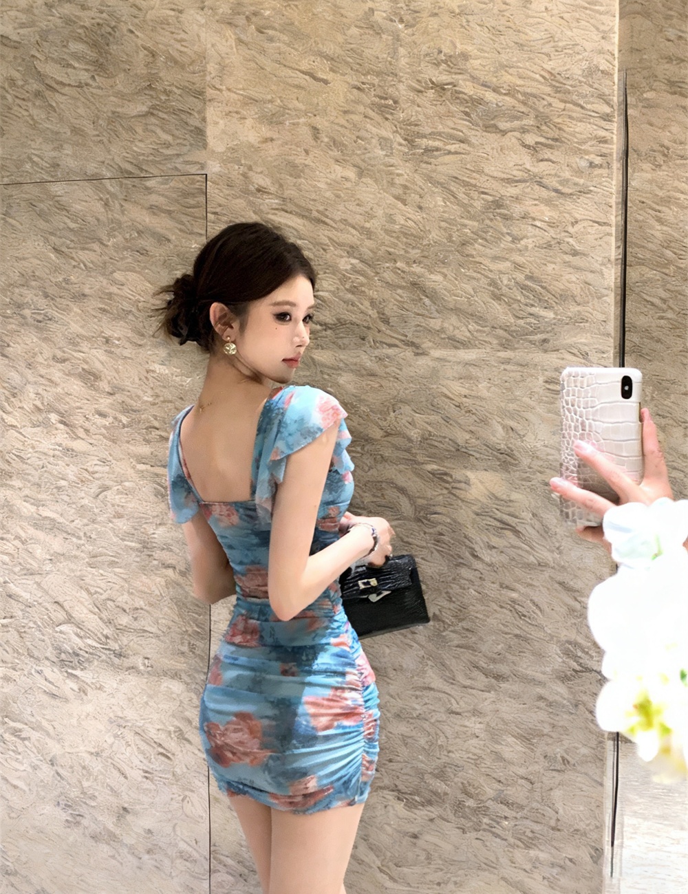 Fold sexy slim printing package hip dress