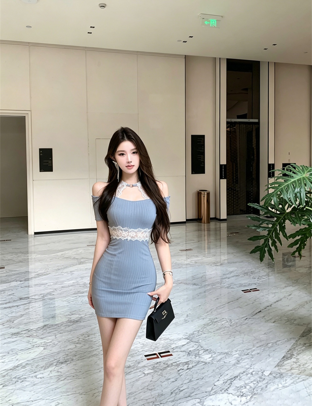 Splice slim halter retro lace dress