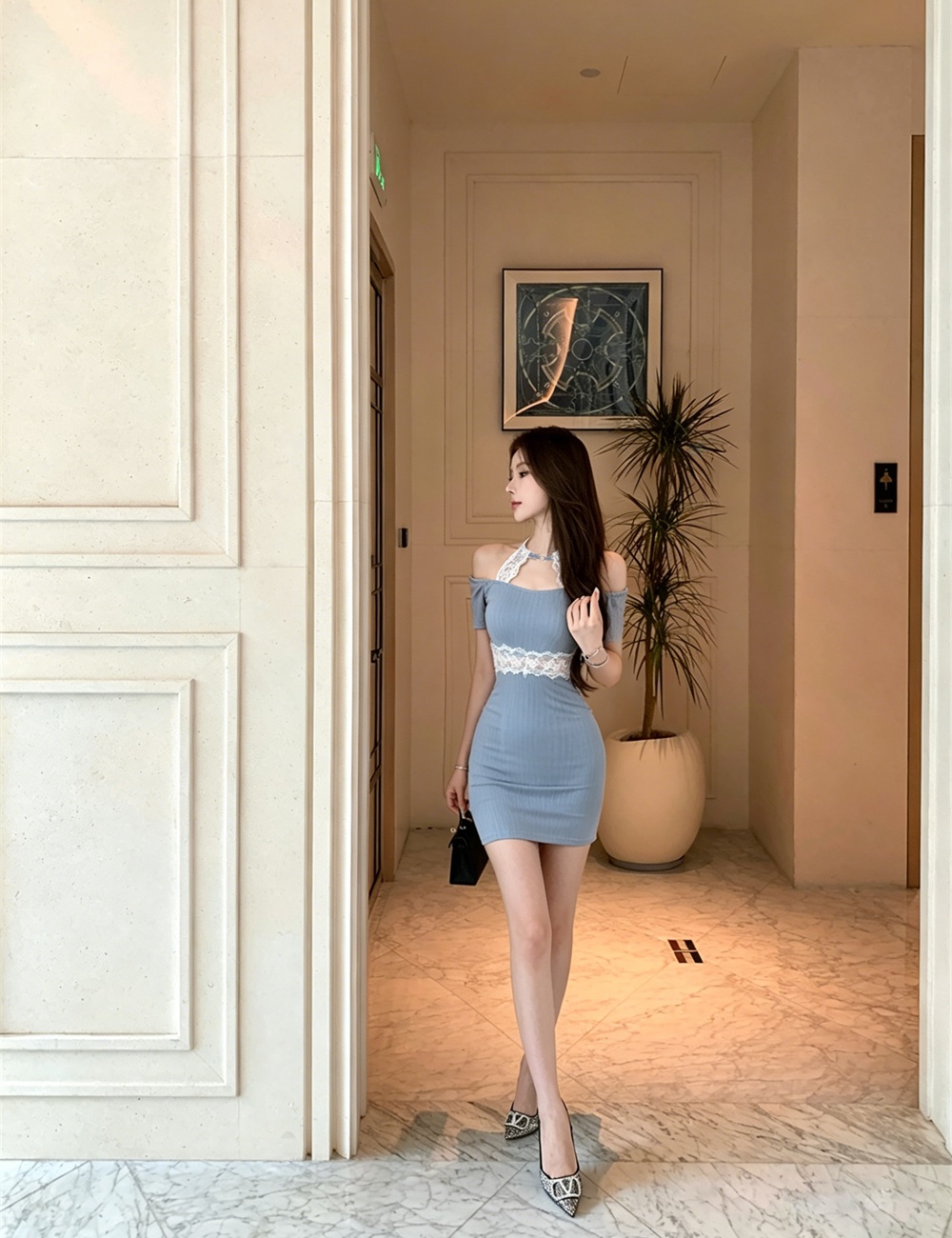 Splice slim halter retro lace dress