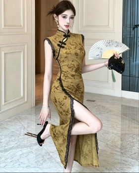 Slim retro summer flocking ice silk dress
