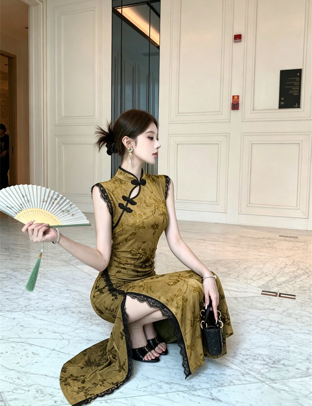 Slim retro summer flocking ice silk dress