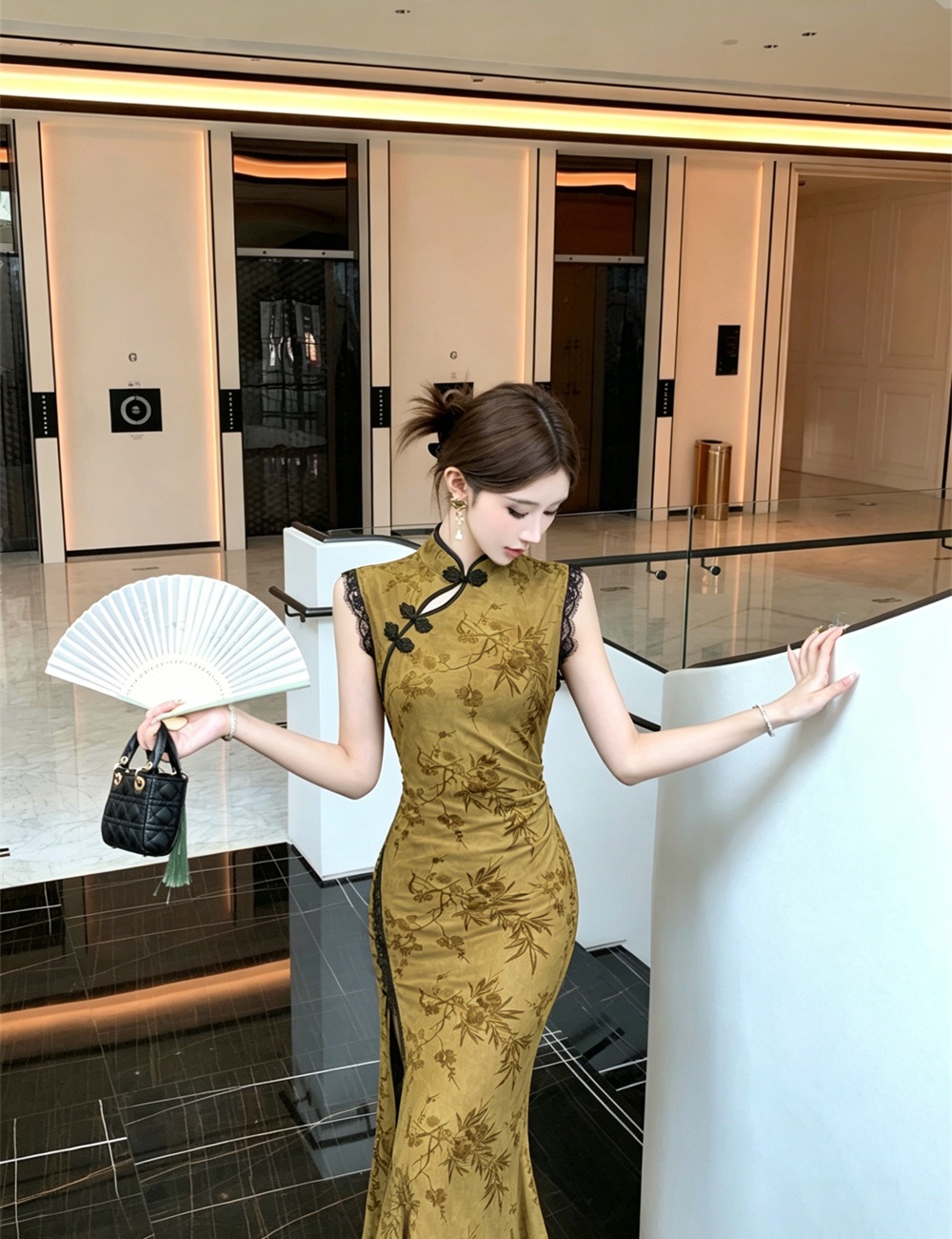 Slim retro summer flocking ice silk dress