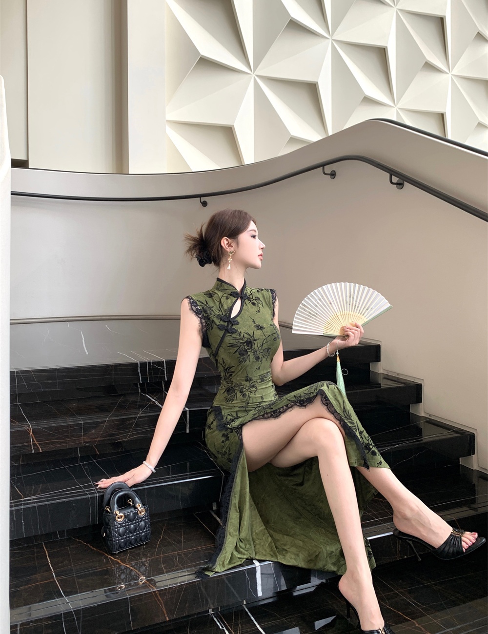 Slim retro summer flocking ice silk dress