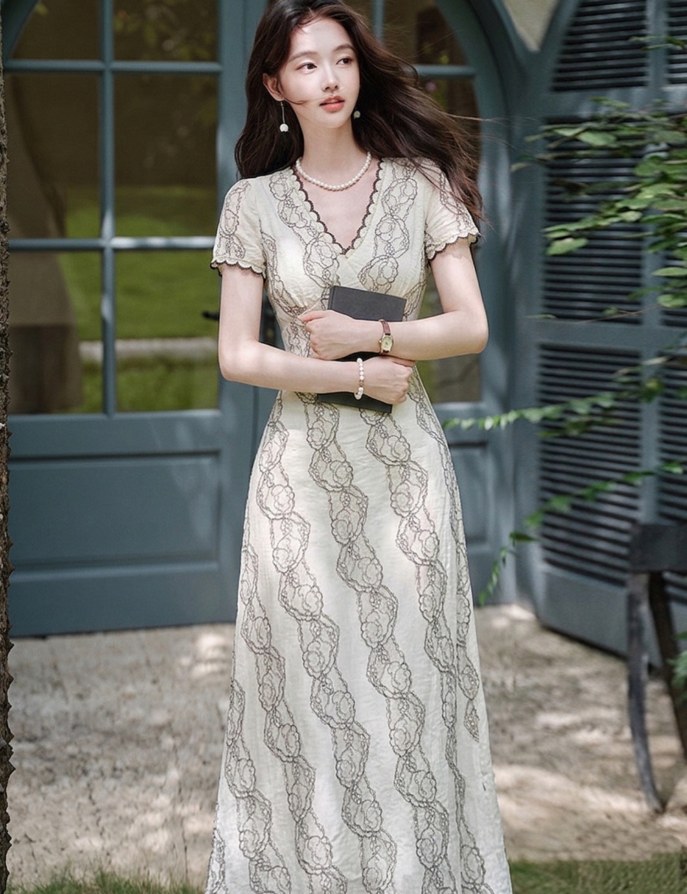 Temperament elasticity long dress apricot dress for women