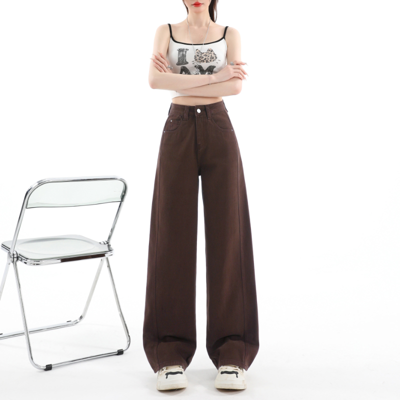 High waist denim pants brown loose long pants for women
