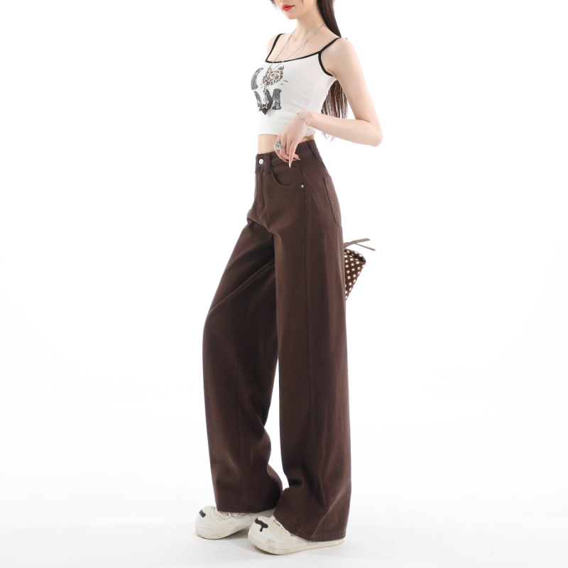 High waist denim pants brown loose long pants for women