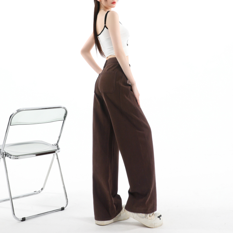 High waist denim pants brown loose long pants for women
