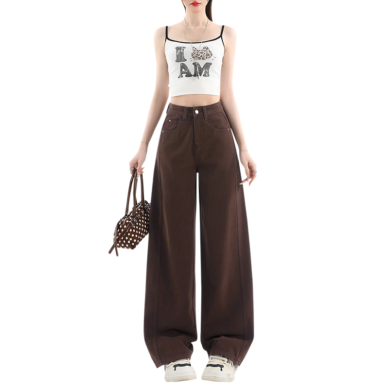 High waist denim pants brown loose long pants for women