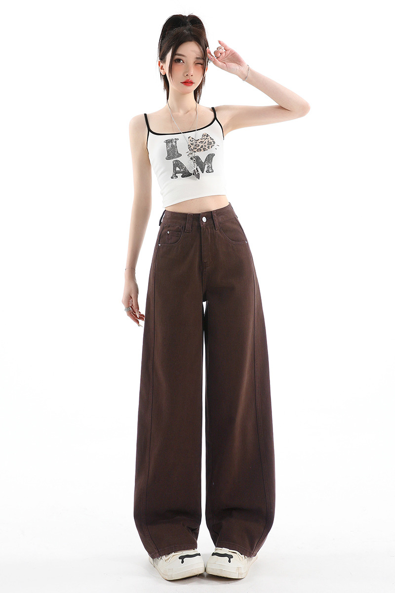 High waist denim pants brown loose long pants for women
