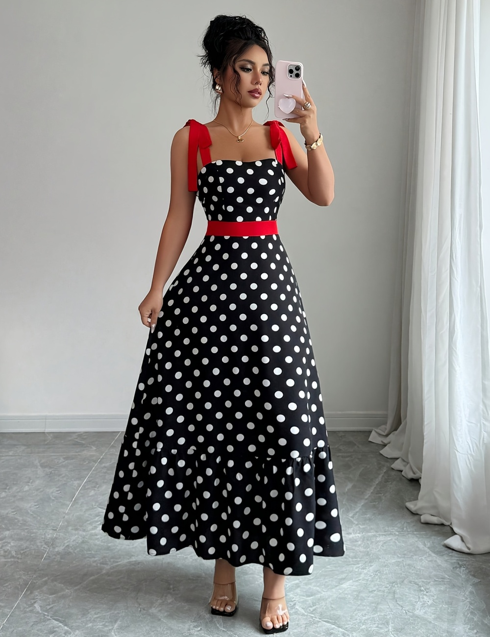 France style polka dot splice mixed colors dress