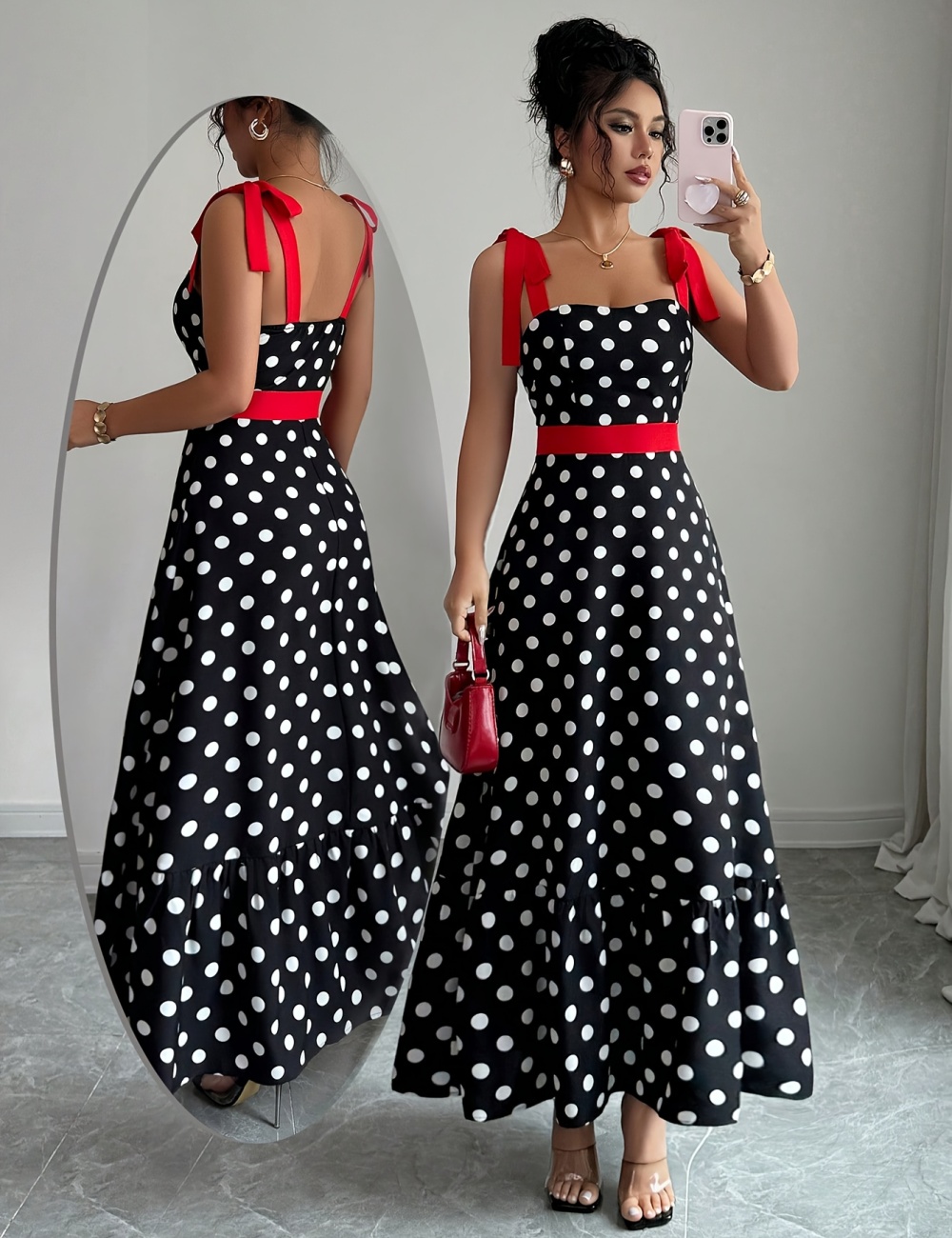 France style polka dot splice mixed colors dress