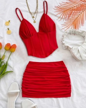 Sling V-neck vacation tops fashion short skirt a set