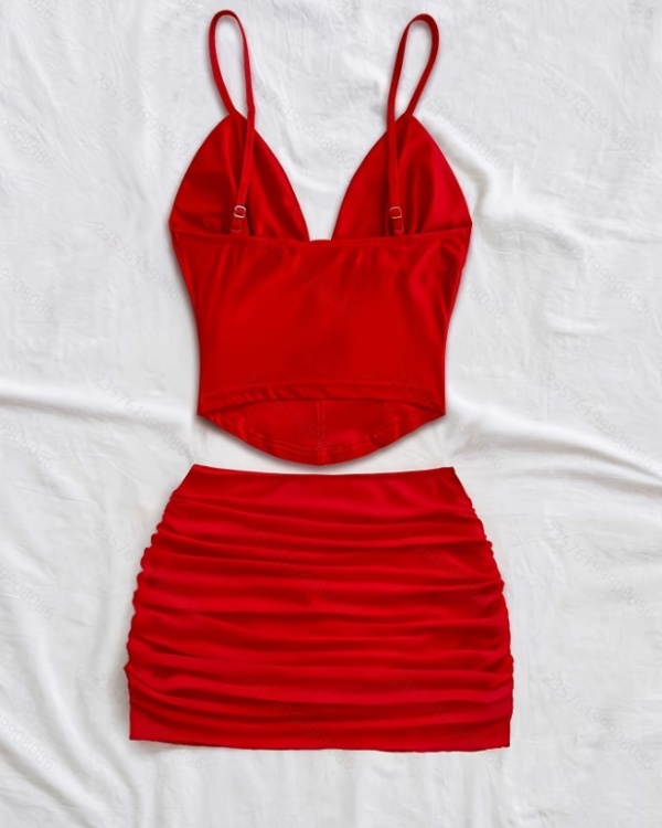 Sling V-neck vacation tops fashion short skirt a set