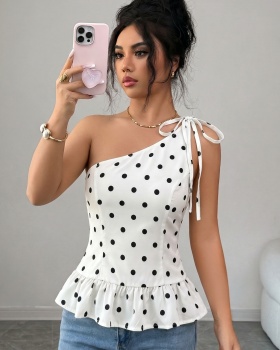 Casual lotus leaf edges hem polka dot summer tops for women