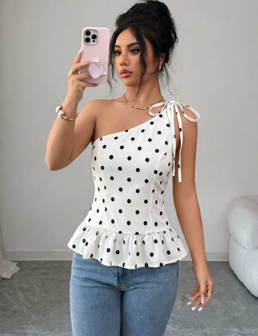 Casual lotus leaf edges hem polka dot summer tops for women