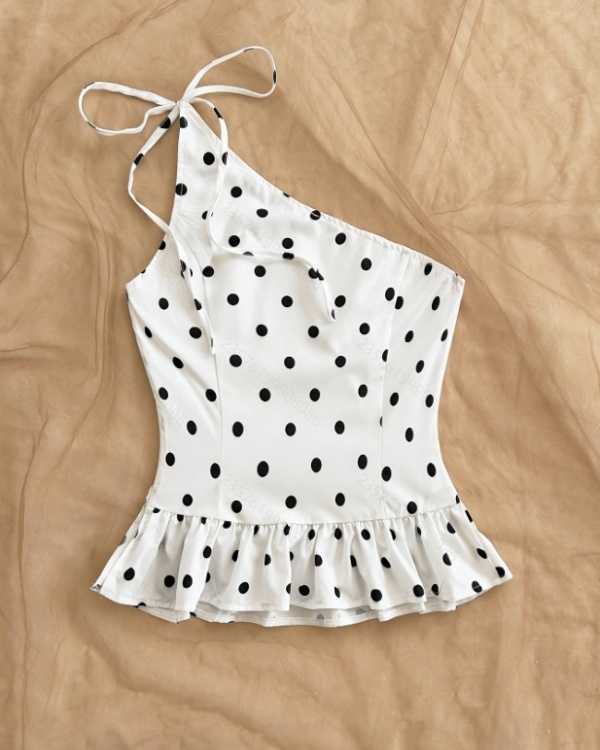Casual lotus leaf edges hem polka dot summer tops for women
