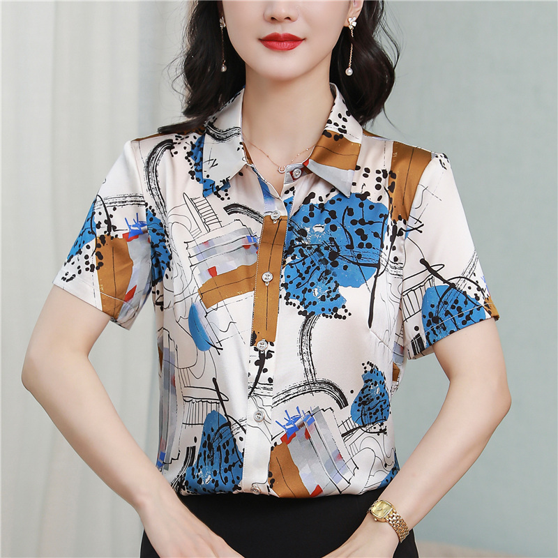 Short sleeve printing tops summer silk shirt for women