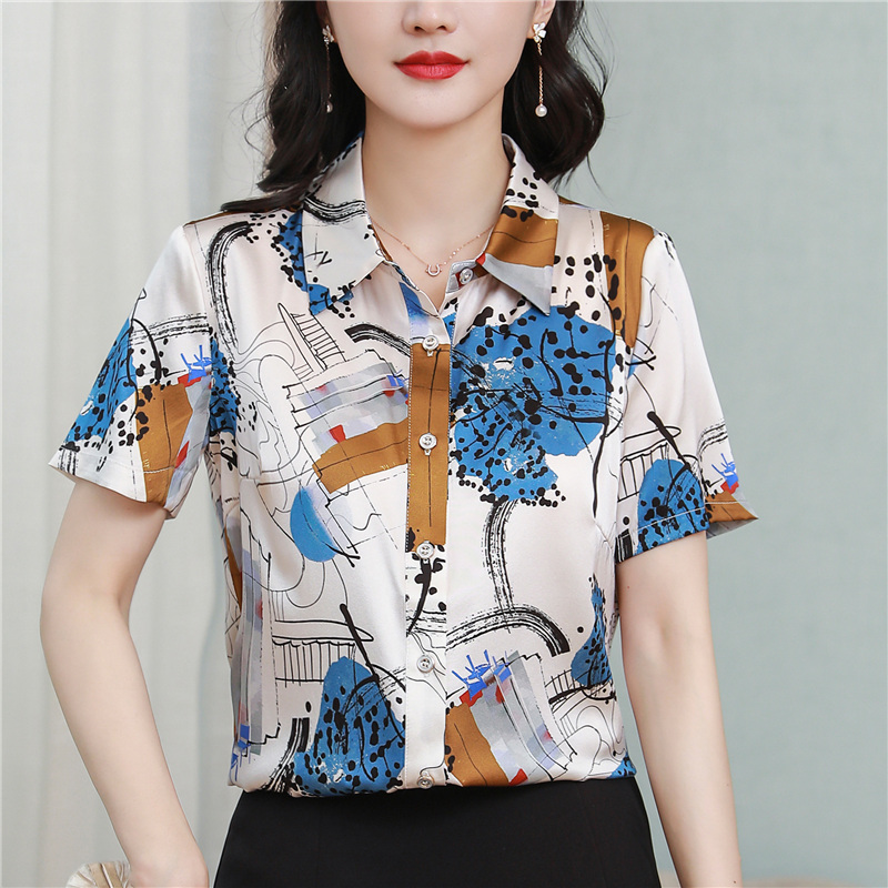 Short sleeve printing tops summer silk shirt for women