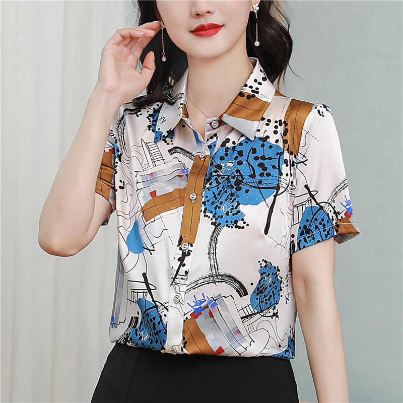 Short sleeve printing tops summer silk shirt for women