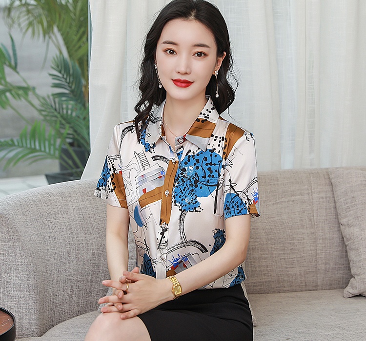 Short sleeve printing tops summer silk shirt for women