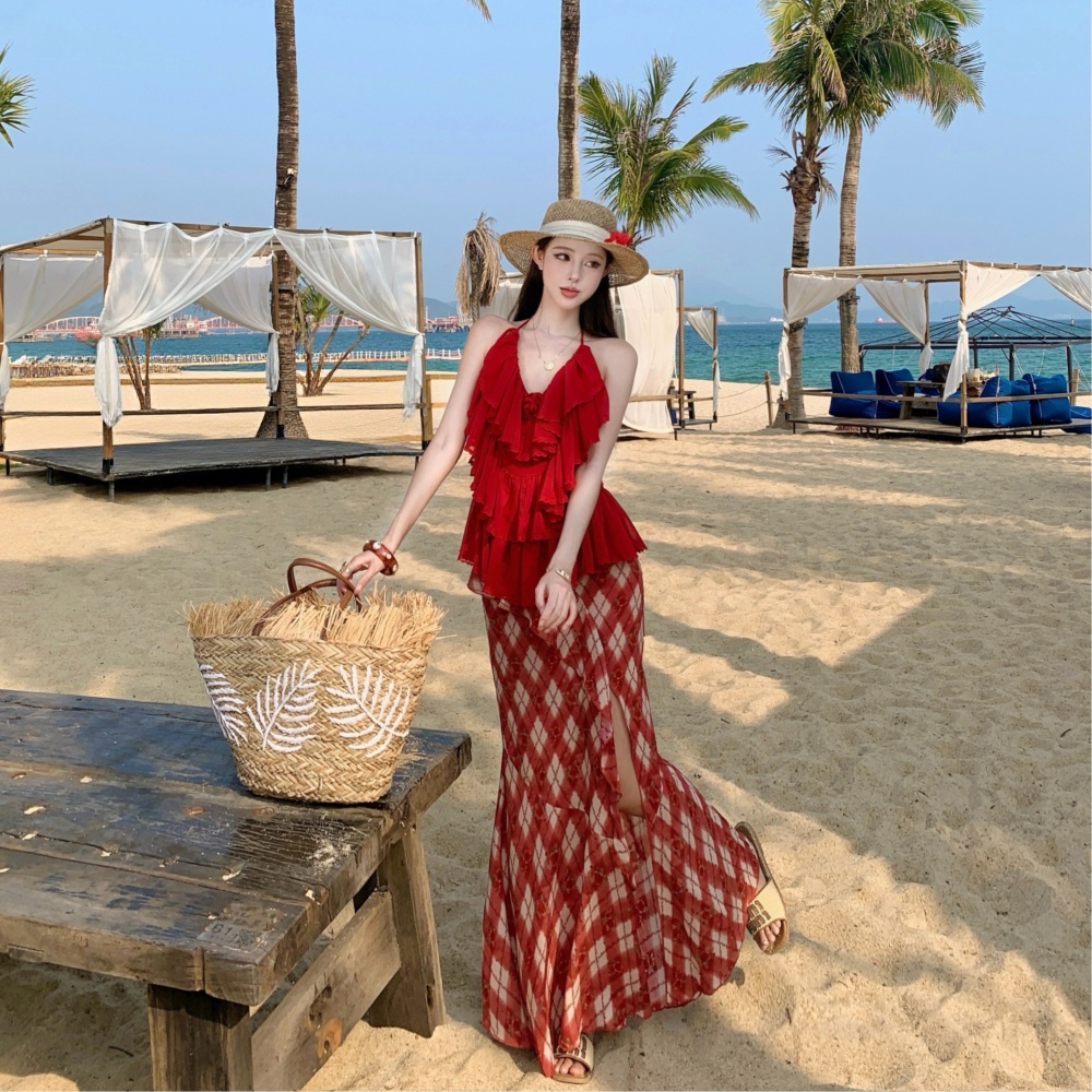 Colors summer vacation skirt red sling tops a set