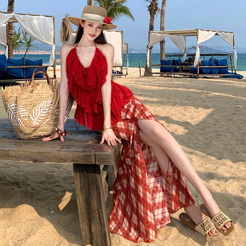 Colors summer vacation skirt red sling tops a set