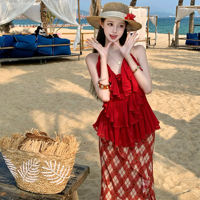 Colors summer vacation skirt red sling tops a set