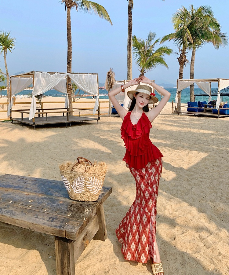 Colors summer vacation skirt red sling tops a set