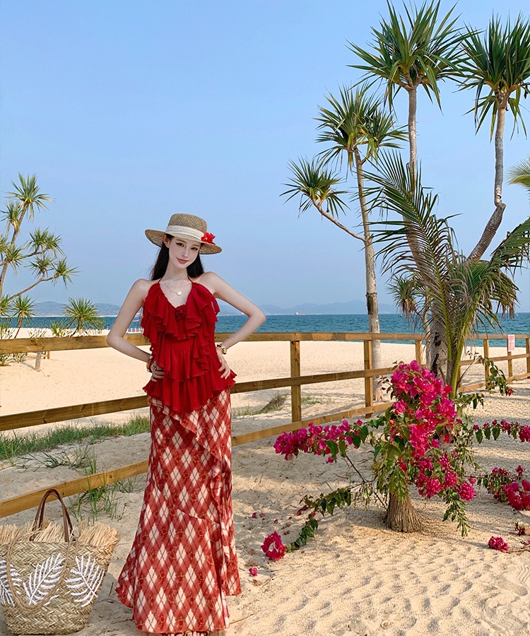 Colors summer vacation skirt red sling tops a set