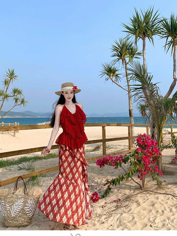 Colors summer vacation skirt red sling tops a set
