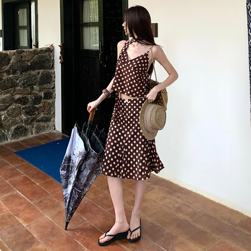 Seaside mermaid skirt sling polka dot long skirt 2pcs set
