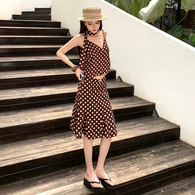 Seaside mermaid skirt sling polka dot long skirt 2pcs set