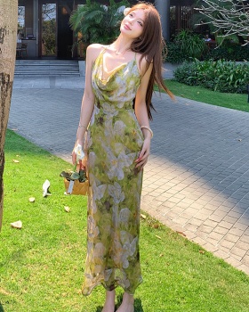Halter pinched waist slim vacation printing sling dress