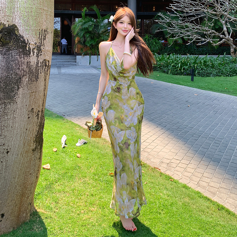Halter pinched waist slim vacation printing sling dress