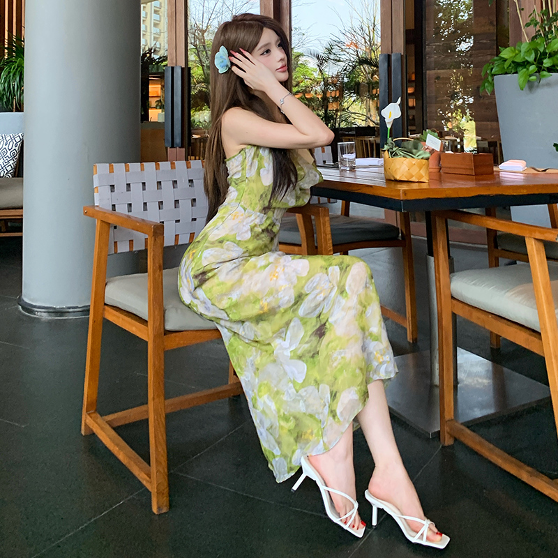 Halter pinched waist slim vacation printing sling dress