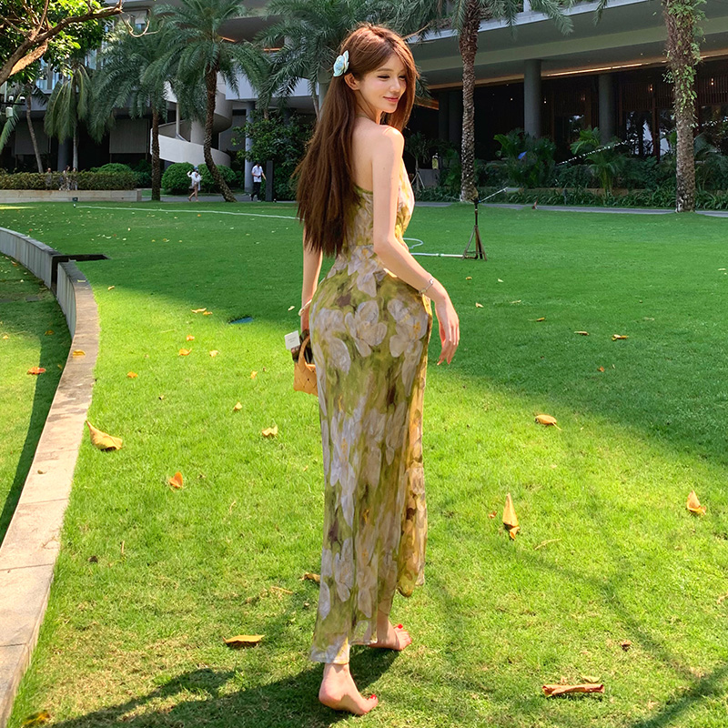Halter pinched waist slim vacation printing sling dress