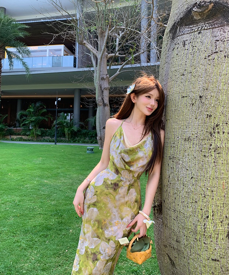 Halter pinched waist slim vacation printing sling dress