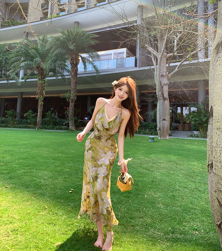 Halter pinched waist slim vacation printing sling dress