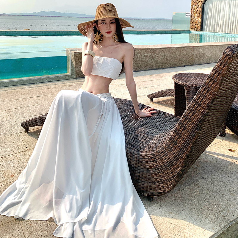Low-waist long skirt short skirt 2pcs set for women