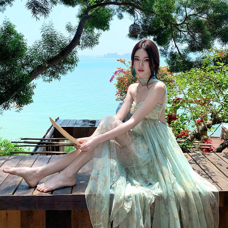 Printing summer long dress irregular dress for women