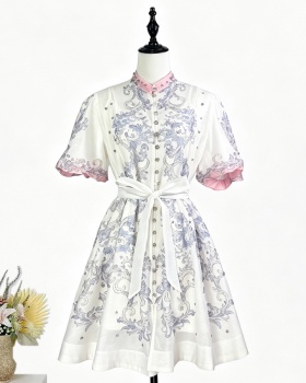 Cstand collar pinched waist dress beading T-back