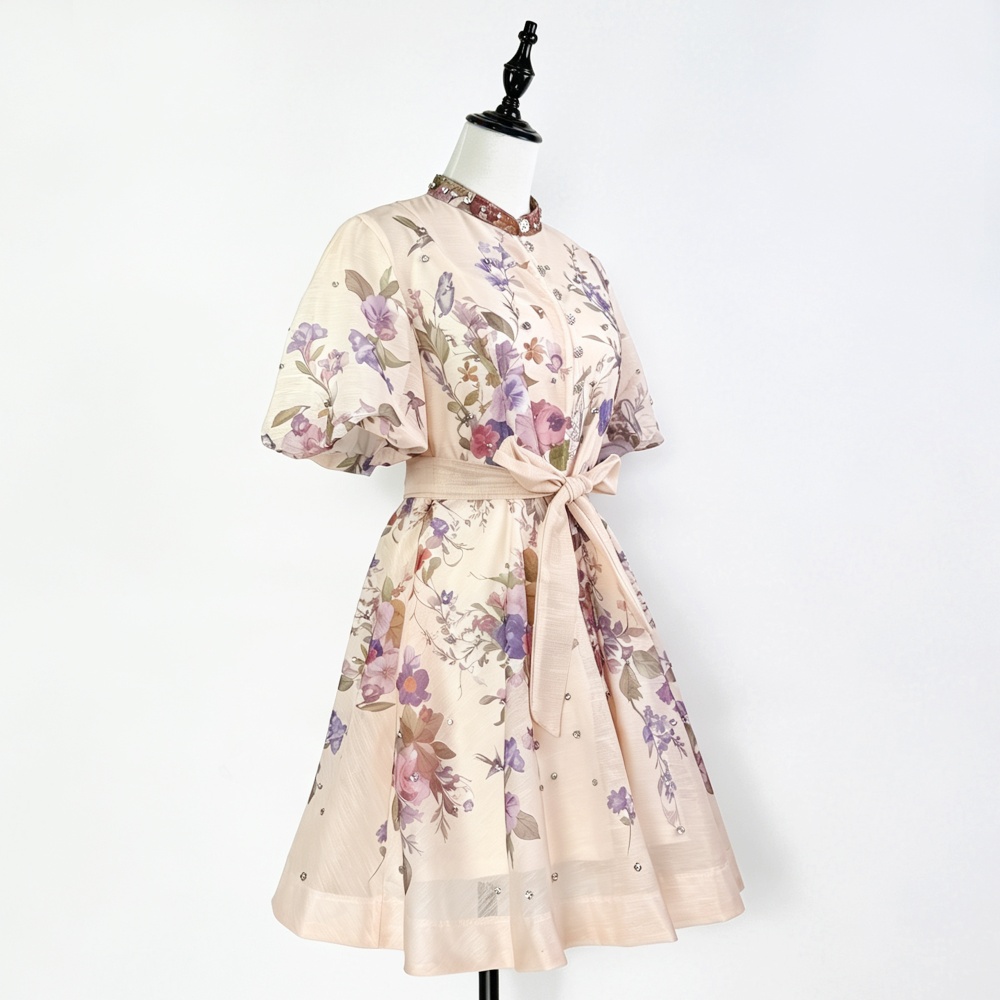 Cstand collar pinched waist dress beading T-back
