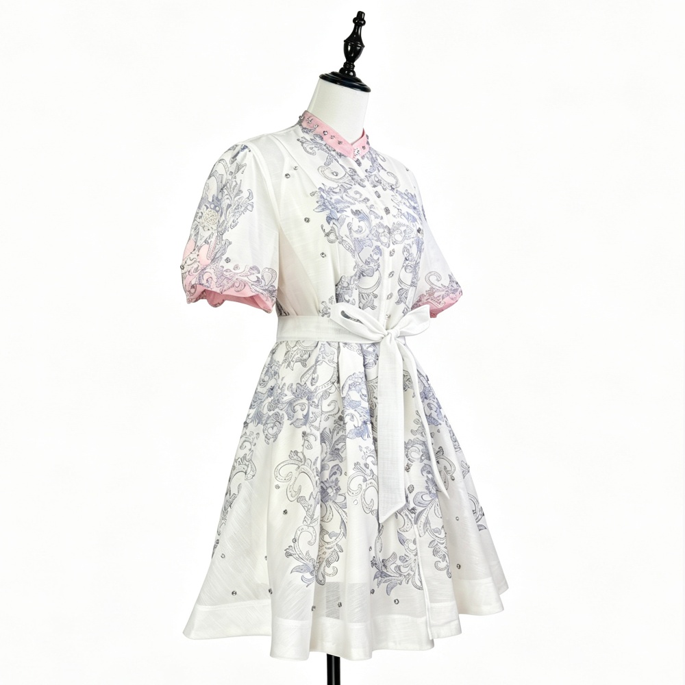 Cstand collar pinched waist dress beading T-back