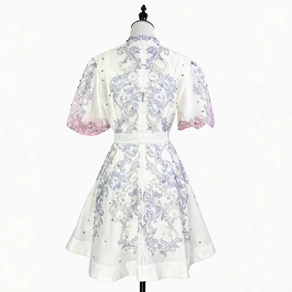 Cstand collar pinched waist dress beading T-back