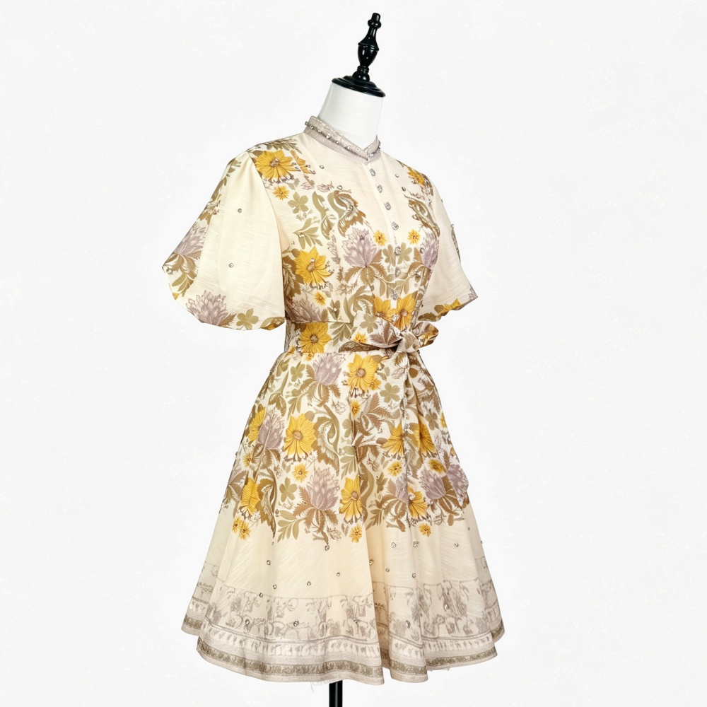 Cstand collar pinched waist dress beading T-back