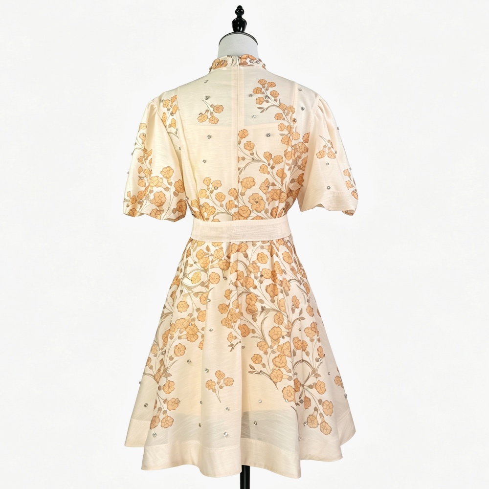 Cstand collar pinched waist dress beading T-back