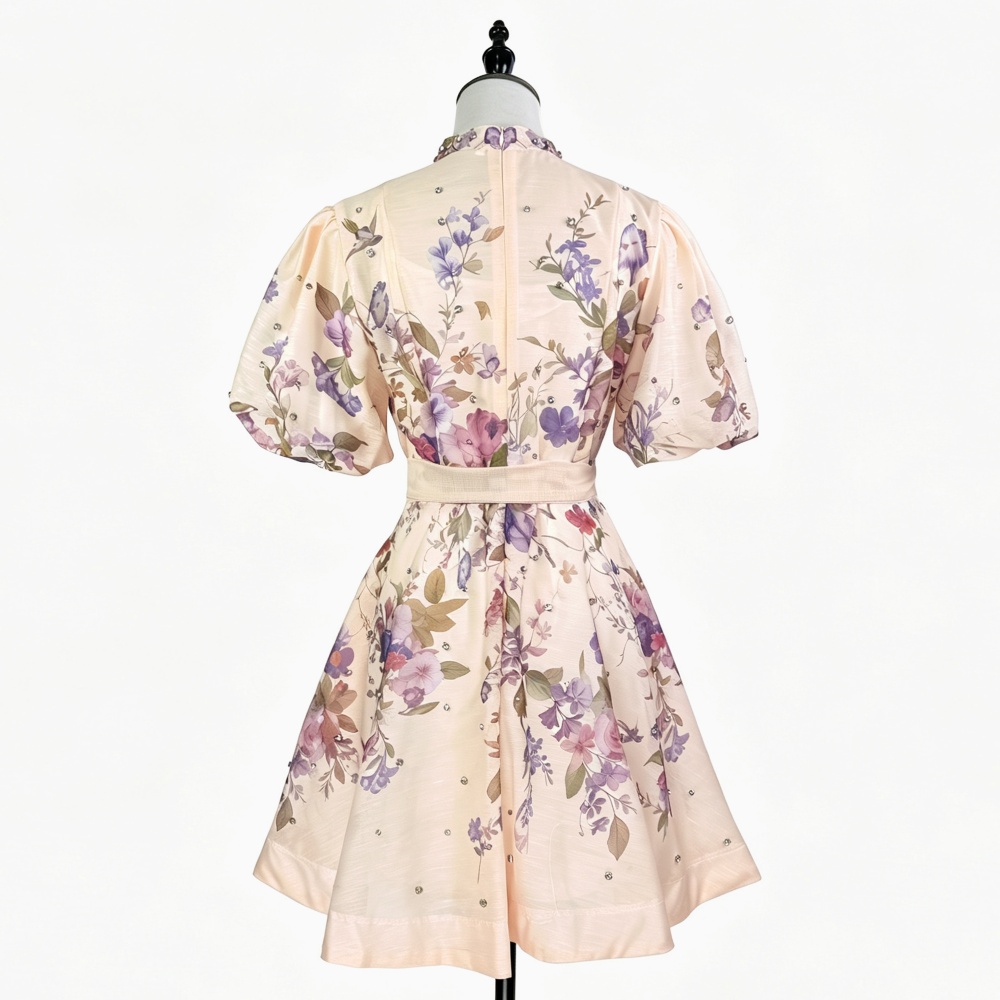 Cstand collar pinched waist dress beading T-back