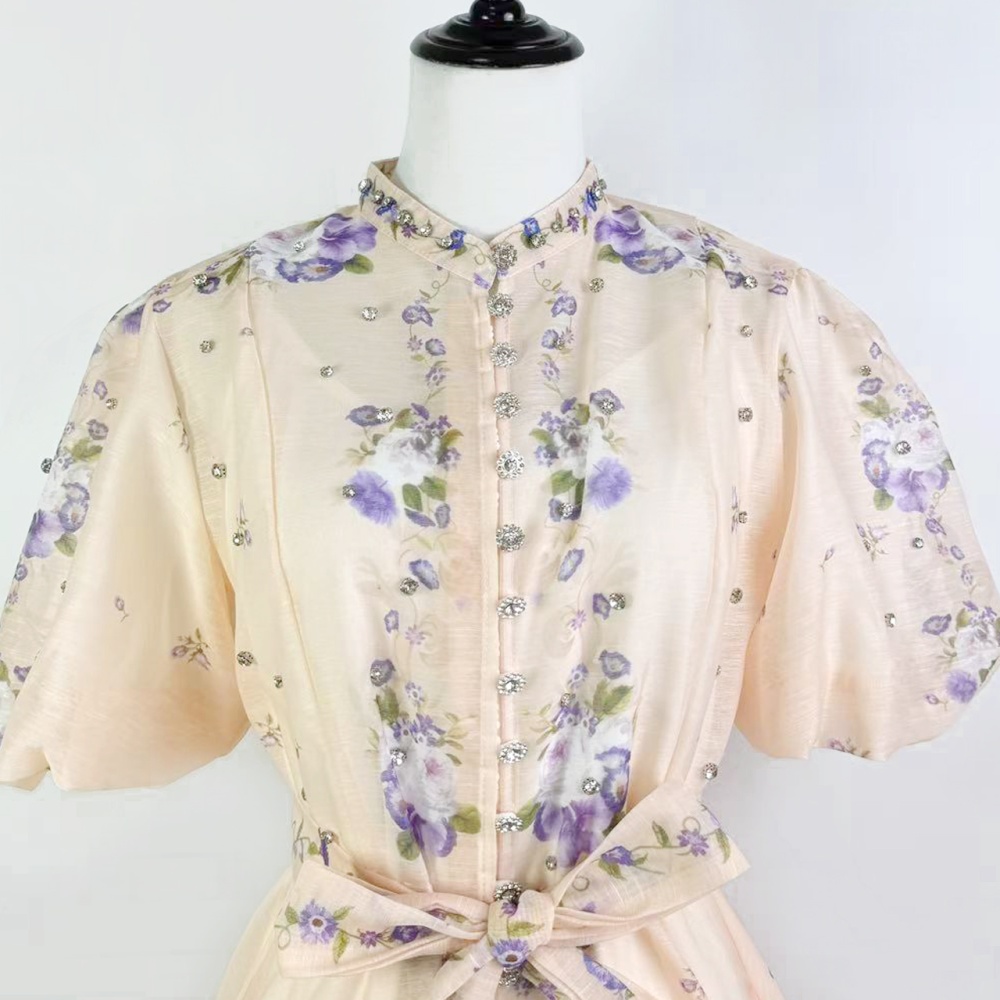 Cstand collar pinched waist dress beading T-back