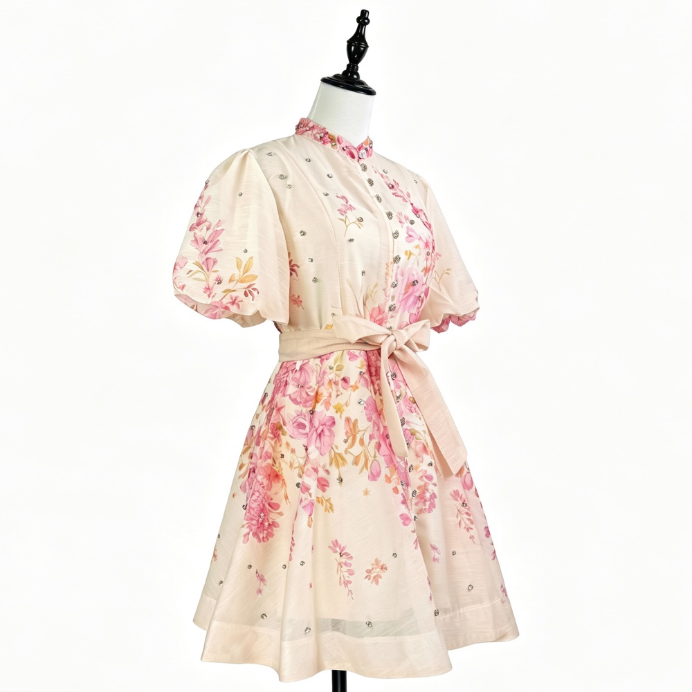 Cstand collar pinched waist dress beading T-back