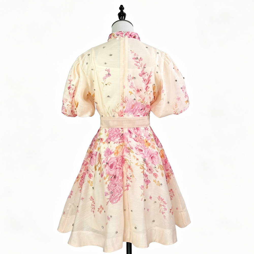 Cstand collar pinched waist dress beading T-back